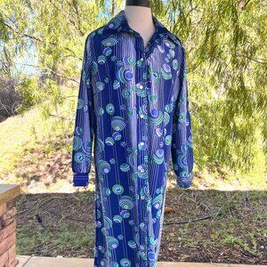 70's Dress - Funky Psychedelic Abstract Print - Midi - Size Med/Large